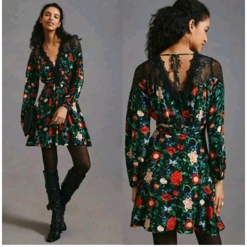 Anthropologie Size 4 Lacy V-Neck Mini Dress Black Floral Long Sleeve Fit & Flare